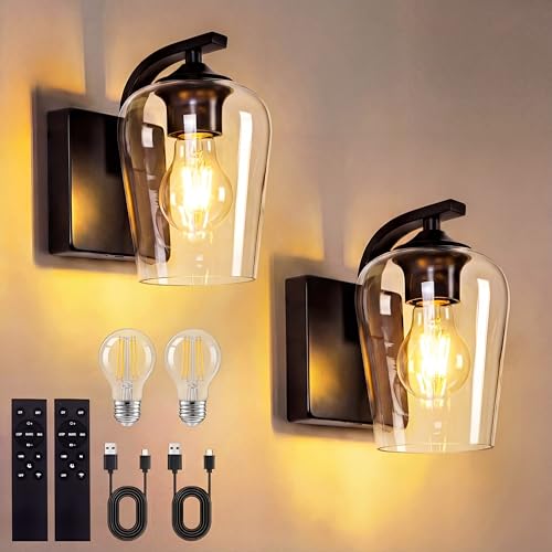 Set of 2 Wall Sconces for Bathroom Included Bulb, 8000mAh Battery Operated Wall Sconces with Clear Wine Glass, Timer Dimmable, Farmhouse Wall Lightsfor Bedroom Living Room Mirror Hallway - size: 2PCS