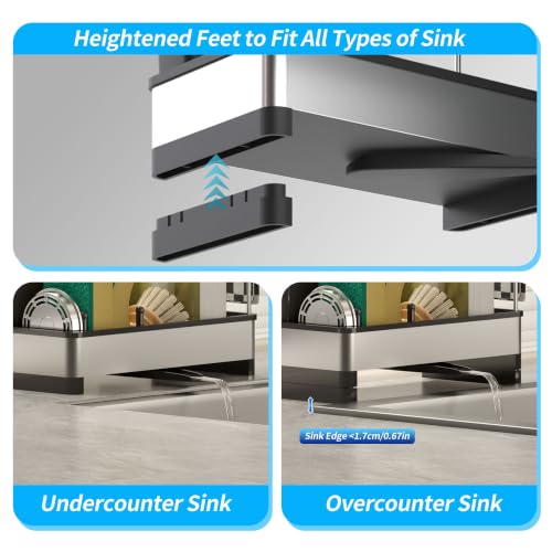 Stainless Steel Sink Caddy, Kitchen Sink Sponge Holder with Brush Holder and Towel Rack, Soap Dispenser Kitchen Organizers Storage Essentials, Dish Organizer for Countertop