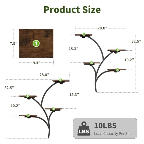 2 Pack Wall Mounted Plant Holder, 8-Tier Wall Planters for Indoor Plants | Metal and Wood Wall Planters, Easy To Assembly, Tree Style, For Display Plants, Photos & Decor