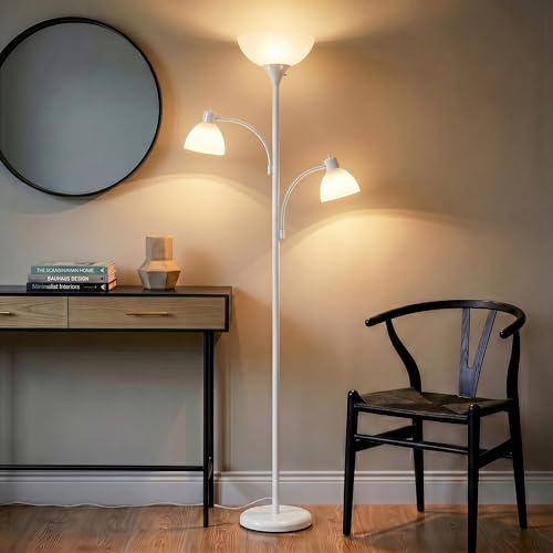 Brightech Sky Dome Double – High Brightness Torchiere Floor Lamp with 2 Reading Lights for Living Rooms, Bedrooms – Replace Halogen Standing Lamps with Efficient LED Office Lighting - Tall White Pole - color: White