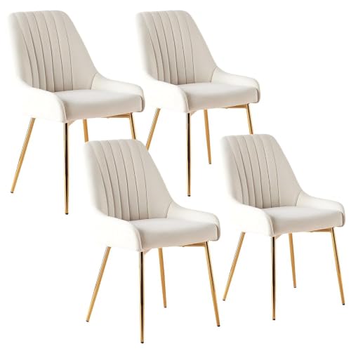 White Velvet Dining Chairs Set of 4, Modern Kitchen and Vanity Chairs | Modern upholstered vanity chairs with gold metal legs, stain-resistant hand-quilted fabric, high-density foam cushion seat - color: White, size: Set of 4
