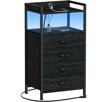 Night Stand with Charging Station,LED,Tall Bedside Table for Dorm | 4 Drawer Dresser for bedroom, with LED light & Remote Control, Fabric Bins and Metal Frame,Wood Desk Top,Easy Assemble,Black - color: Black Oak, style: 4 Drawer