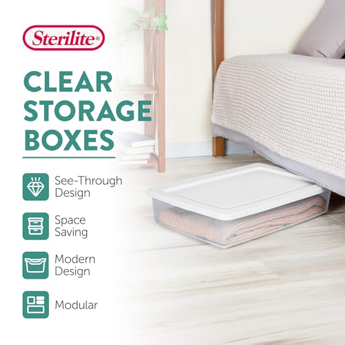 Sterilite 41 Qt Underbed Storage Box, Stackable Bin with Lid, Plastic Container to Organize Bedroom, Clear Base and White Lid, (Pack of 6) - size: 41 Quart, style: 6 Pack