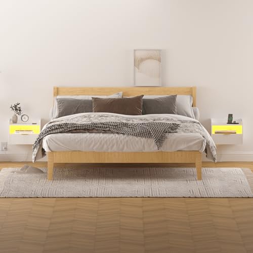 Veegle White Floating Nightstand with Charging Station and LED Lights (White) - color: White