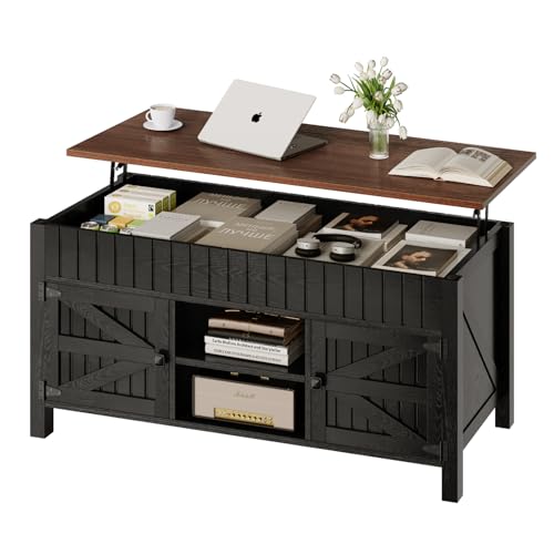 47.3" Lift Top Coffee Table with Storage - Black Coffee Tables for Living Room, Farmhouse Wood Center Table, Large Rectangle Middle Tables with Hidden Compartment & Adjustable Shelf - color: Black