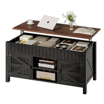 47.3" Lift Top Coffee Table with Storage - Black Coffee Tables for Living Room, Farmhouse Wood Center Table, Large Rectangle Middle Tables with Hidden Compartment & Adjustable Shelf - color: Black