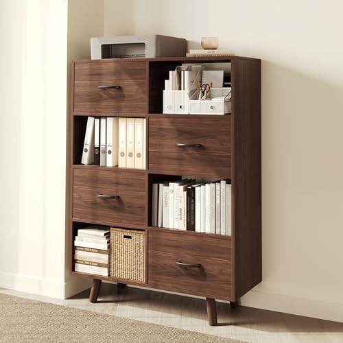 Bookcase with Fabric Storage Bins - 8 Cube Bookshelf | Walnut, for Home Office, with 4 Drawers, Modern Organizer Display Shelf, Living Room - color: Walnut, size: 8-Cube