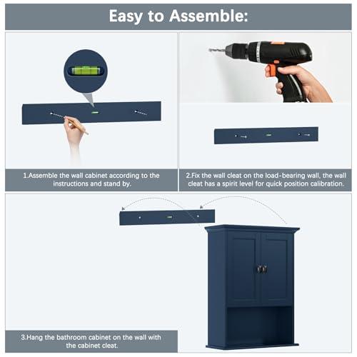 Over The Toilet Storage Cabinet, Wall Mounted Medicine Cabinet Bathroom Wall Cabinet with Build-in Spirit Level Cupboard Adjustable Shelves for Bathroom Laundry Room Kitchen, Ultramarine - color: Ultramarine