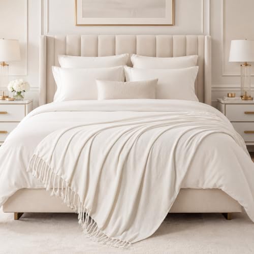 BATTILO HOME Cream White Chenille Throw Blanket, 50 x 60 Inches | Soft Chenille Knit with Handmade Fringe Tassels, Lightweight, Cozy and Less Prone to Tangling for Couch, Bed or Chair - color: Cream White