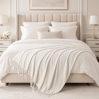 BATTILO HOME Cream White Chenille Throw Blanket, 50 x 60 Inches | Soft Chenille Knit with Handmade Fringe Tassels, Lightweight, Cozy and Less Prone to Tangling for Couch, Bed or Chair - color: Cream White