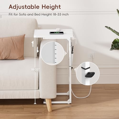 C Shaped End Table with Charging Station, Adjustable Height Side Table for Couch, Small Sofa Table for Small Spaces, Slide Under Sofa Table TV Tray Arm Tables for Living Room, Bedroom, White - color: White, style: With Plug