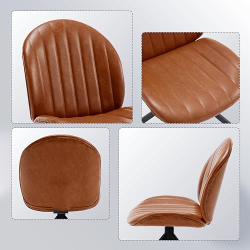 PU Leather Swivel Office Chair No Wheels, Small Comfy Mid Century Armless Desk Chair, Cute Swivel Vanity Chairs No Wheels for Small Spaces, Bedroom,Living Room,Home Office, Brown - color: Brown-pu