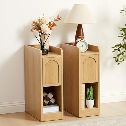 Narrow Nightstands Set of 2, Slim Bedside Tables with Raised Edge Top, Arched Drawer & Open Shelf, Modern Wooden Small End Tables for Bedroom Small Spaces (2, Natural) - color: Natural-arched Drawer, size: 2-Pack