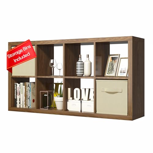furtble Bookshelf with Storage Bins, 8-Cube Storage Organizer, Modern Wood Open Bookcase, Multifunctional Display Shelf for Living Room, Bedroom, Home Office, Classic Oak - color: Classic Oak, size: 8 cube