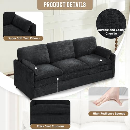 89" Chenille Soft Sofa w/Well-Filled Backrests, Black | Modern Couch w/Plump Pillows, 3 Seater Upholstered Couch w/Thick & Comfy Cushions for Living Room, Bedroom - color: Black, size: Sofa