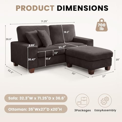 DOPEDIO L-Shaped Sectional Sofa with Storage Ottoman, Modern Chenille Recliner Loveseat, Removable Couch Covers, Pocket Spring Cushions, Solid Wood Frame, Easy to Install (71.25inch, Dark Grey) - size: 71.25 inch-L, style: Dark Grey Chenille