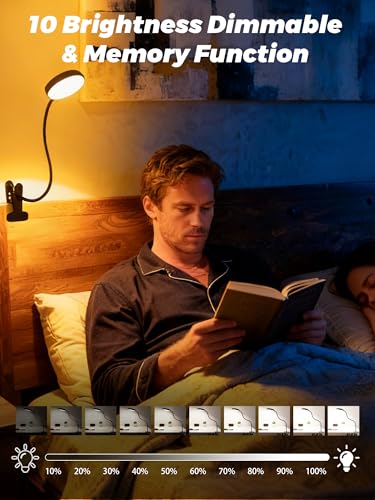 Clip on Light,10 RGB Colors+10 Brightness Small Desk Lamp with Clamp Light | 500 lm Bright 72 LED Desk Light, USB Adapter Reading Lights for Books in Bed/Headboard/Bedside Table/Bedroom/Dorm/Home Office - color: Black