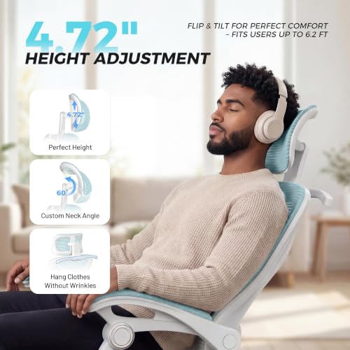 CYKOV Ergonomic Office Chair, Reclining, Footrest, Adjustable Lumbar, 350LB | 4-Way Headrest (4.72" + 60°), 2-Way Lumbar (2" + 1.18"), 90-135° Recline, Breathable Mesh, Gaming & Office, 5-Year Warranty - color: W-blue