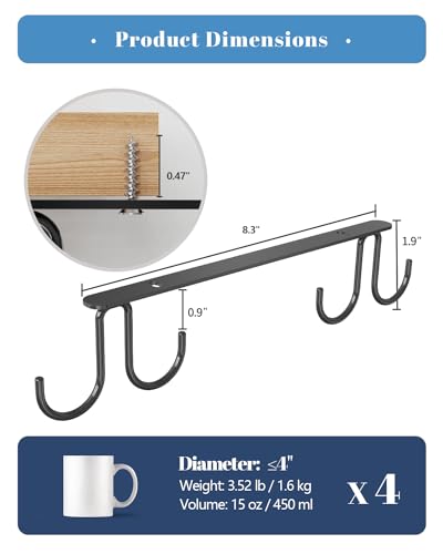Luckinow Mug Hooks Under Cabinet 3 Pack, Metal Cup Hooks for Hanging Under Shelf, Mug Organizer Rack with 12 Hooks for Displaying Mugs, Coffee Cups and Kitchen Utensils, Black - color: Black