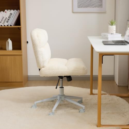 VINGLI Cute Armless Small Vanity Chair w/Plush Cushion &Fluffy Backrest, Comfy Swivel Chenille Office Desk Chair with 360° Wheels, Height Adjustable Makeup Chair for Bedroom&Dressing Room,Beige White - color: Beige White