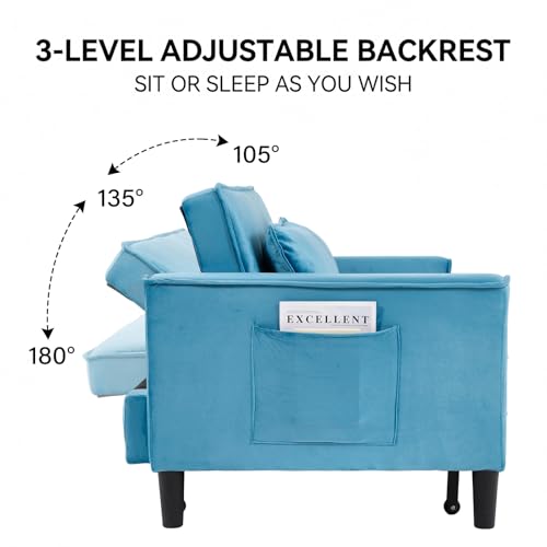 3 in 1 Convertible Sleeper Sofa Bed, Velvet Loveseat Futon Pull-Out Couch with Adjustable Reclining Backrest, Side Pockets and Pillows for Living Room,Bedroom Apartment Small Spaces (Sky Blue-Velvet) - color: Sky Blue-velvet