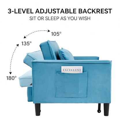 3 in 1 Convertible Sleeper Sofa Bed, Velvet Loveseat Futon Pull-Out Couch with Adjustable Reclining Backrest, Side Pockets and Pillows for Living Room,Bedroom Apartment Small Spaces (Sky Blue-Velvet) - color: Sky Blue-velvet
