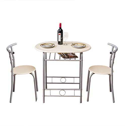 VINGLI 3 Piece Dining Set, Small Kitchen Table Set for 2, Breakfast Table Set, Kitchen Wooden Table with 2 Chairs for Small Space/Dining Room/Apartment, Metal Frame, Wine Rack, Beige - color: Beige