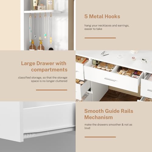 Quimoo Large Vanity Desk with LED Lighted Mirror & Power Outlet, Makeup Vanity Table with 7 Drawers,4 Shelves and 5 Hooks, White Vanity for Bedroom, Bathroom - color: White 4 Drawers Vanity