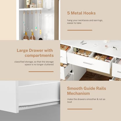 Quimoo Large Vanity Desk with LED Lighted Mirror & Power Outlet, Makeup Vanity Table with 7 Drawers,4 Shelves and 5 Hooks, White Vanity for Bedroom, Bathroom - color: White 4 Drawers Vanity