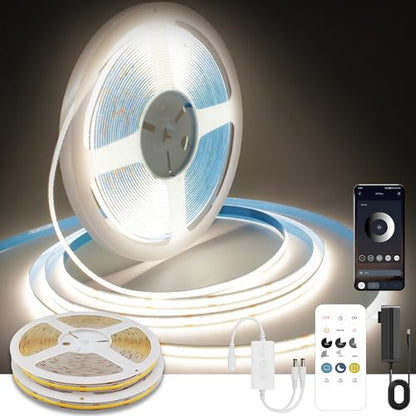 Pandery COB LED Strip Lights Natural White,24V Dimmable led Light Strip KIT with Remote and app Control,4000K 50FT/15m 8mm Wide Ra>90 Cuttable Flexible Strip Lights for Bedroom,Wardrobe,Cabinet - color: 4000K Natural White, size: 50FT