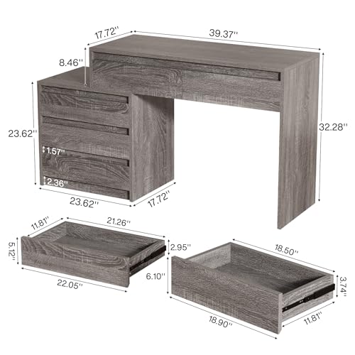 Tribesigns 63" Vanity Desk with 5 Drawers, Makeup Table with 3-Drawer Cabinet, Modern Large Dressing Table for Women Girl, with Storage, Wooden Writing Desk for Bedroom/Home Office (Gray) - color: Grey