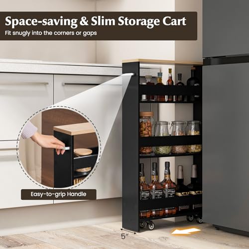 Slim Storage Cart, 4-Tier Rolling Cart with Handle & Wooden Top for Kitchen Bathroom Laundry Living Room Narrow Small Spaces, 5 Inches Width (Black & Natural) - color: Black & Natural
