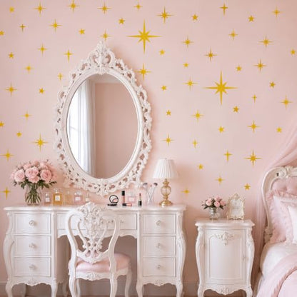 120 Pcs Glitter Gold Star Wall Decals | Retro Starburst Decor, Assorted Shapes & Sizes, Peel and Stick - style: Glitter Gold Star