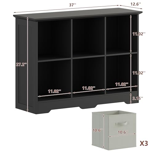 VORONOI 6 Cube Storage Organizer with 3 Fabric Drawers and Removable Shelves — Modular Cube Bookshelf for Bedroom, Living Room, or Home Office, Short Cube Bookcase for Toys, Decor,Black - color: Black, size: 6-Cube