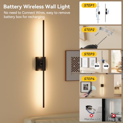 Battery Operated Wall Sconces Set of 2, 10000mAh Wireless Rechargeable 3000-6000K Dimmable 350° Rotate Wall Light with Remote for Living Room, Bedroom 23.6in Black - color: Black, size: 23.6in-Square Base