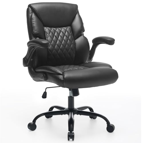 Leather Executive Office Chair - Comfy Black Desk Chair Small Space | Desk Chair with Mid Backrest,5 Wheels,Mid Backrest,Lumbar Support, Height Adjustable,home office reading Gaming Use - color: Black