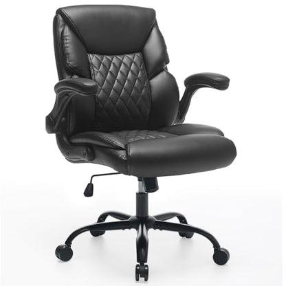 Leather Executive Office Chair - Comfy Black Desk Chair Small Space | Desk Chair with Mid Backrest,5 Wheels,Mid Backrest,Lumbar Support, Height Adjustable,home office reading Gaming Use - color: Black