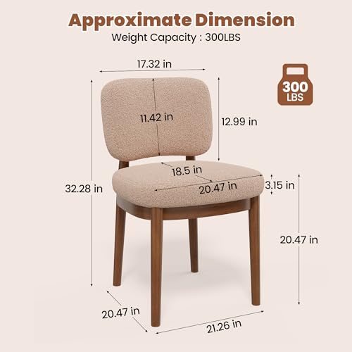 Wooden Dining Chairs Set of 2, Boucle Upholstered Kitchen Chairs with Solid Wood Legs, Mid Century Modern Dining Chairs, Farmhouse Side Chair with Hardwood Frame for Dining Room, Khaki - color: Khaki, size: Set of 2