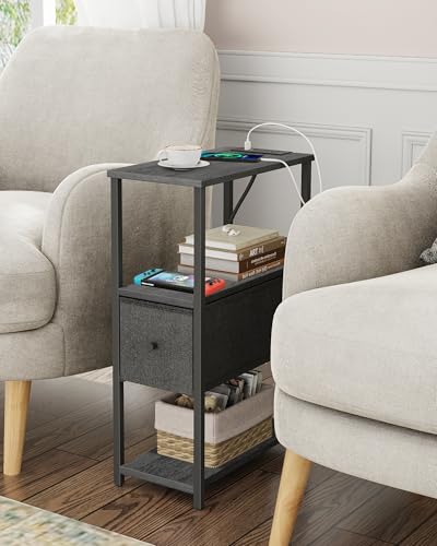 TUTOTAK Small Narrow End Table with Charging Station, Set of 2 | Side Table with Outlets, Nightstand with Cloth Drawer, Couch Table for Living Room, Bedroom, Bedside, Charcoal Grey TB01BY058 - color: Charcoal Grey, style: 1 Drawer & Plug