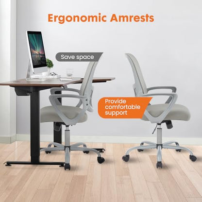 Sweetcrispy Executive Home Office Chair, Mesh Office Chair, Grey | Ergonomic Executive, Adjustable Height, 360° Swivel Wheels, Mid-Back, Comfy Arms, Bedroom, Study, Student - color: Grey, size: 18.5"D&Fixed Arm-Plus