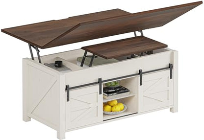 Lift Top Coffee Table for Living Room with 4 Sliding Barn Doors, 4 in 1 Farmhouse Coffee Table with Adjustable Shelves and Hidden Storage Compartment, Converts to Dining Table (Brown White)