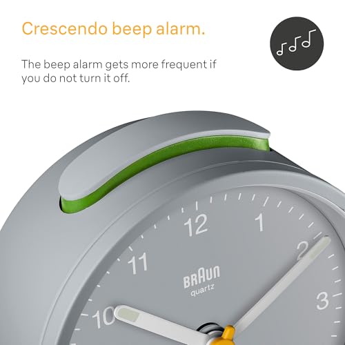 Braun Classic Analogue Alarm Clock with Snooze and Light, Quiet Quartz Movement, Crescendo Beep Alarm in Grey, Model BC12G. - color: Gray, size: 75 x 75 x 35 mm