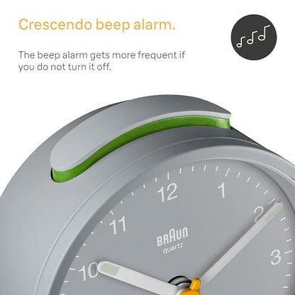 Braun Classic Analogue Alarm Clock with Snooze and Light, Quiet Quartz Movement, Crescendo Beep Alarm in Grey, Model BC12G. - color: Gray, size: 75 x 75 x 35 mm
