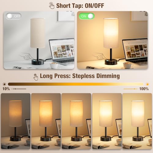 Beige Touch Bedside Lamp for Bedroom, Stepless Dimmable, USB A+C, AC Outlet | Base Touch Button Only, Memory Brightness, Ultra-dim Night Light, Included Bulb for Optimal Dimming, Beige Fabric Shade, Desk - color: Beige & Black
