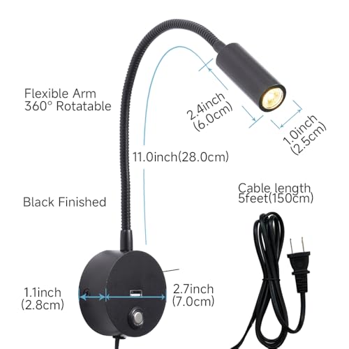 Dimmable Wall Mounted Reading Light with USB Charging Port, Plug-in LED Headboard Reading Light, Bedside Spot Wall Lamps with Flexible Gooseneck, Black Finished - color: Dimmable/3 Color/USB/Black