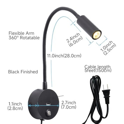 Dimmable Wall Mounted Reading Light with USB Charging Port, Plug-in LED Headboard Reading Light, Bedside Spot Wall Lamps with Flexible Gooseneck, Black Finished - color: Dimmable/3 Color/USB/Black