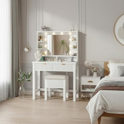 Homkdom Vanity Desk with Mirror and Lights, Makeup Vanity with 2 Large Drawers & Charging Station, Dressing Table Set with Storage Stool, 3 Color Modes Adjustable, Suitable for Small Space, White - style: White
