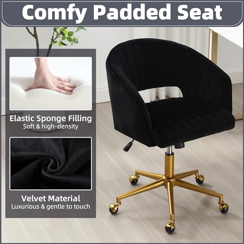 Desk Chair with Wheels, Gold Base, Velvet Accent Vanity Armchair, Black | Spacious‌ Soft Seat, Swivel Height Adjustable, Rocking Function, Modern Stripe for Girls &Women Bedroom Makeup or Nail - color: Black Velvet