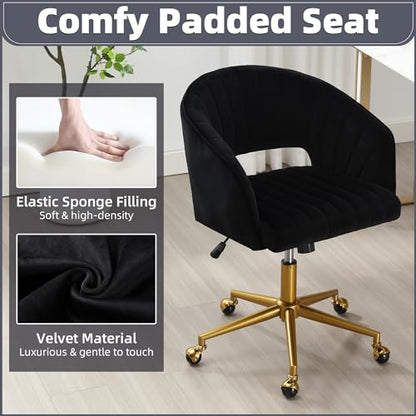 Desk Chair with Wheels, Gold Base, Velvet Accent Vanity Armchair, Black | Spacious‌ Soft Seat, Swivel Height Adjustable, Rocking Function, Modern Stripe for Girls &Women Bedroom Makeup or Nail - color: Black Velvet