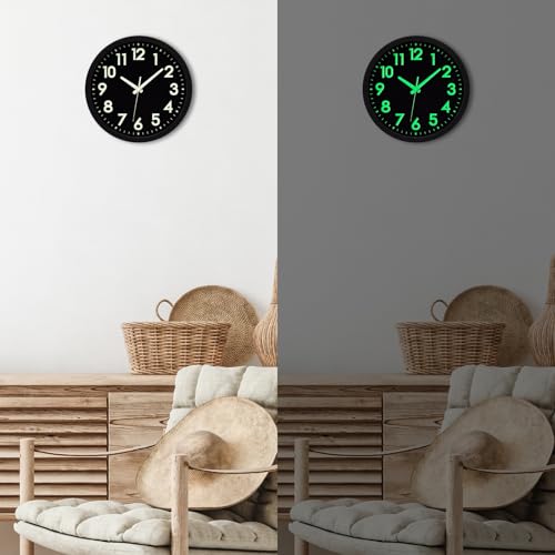 Glow in the Dark Wall Clock with Silent Lumious Night Light 12 in | Wall Clock Battery Operated, Lighted up, Easy to Read, Large Display,Analog Clock, for Bedroom Kitchen Living Room - color: All-black